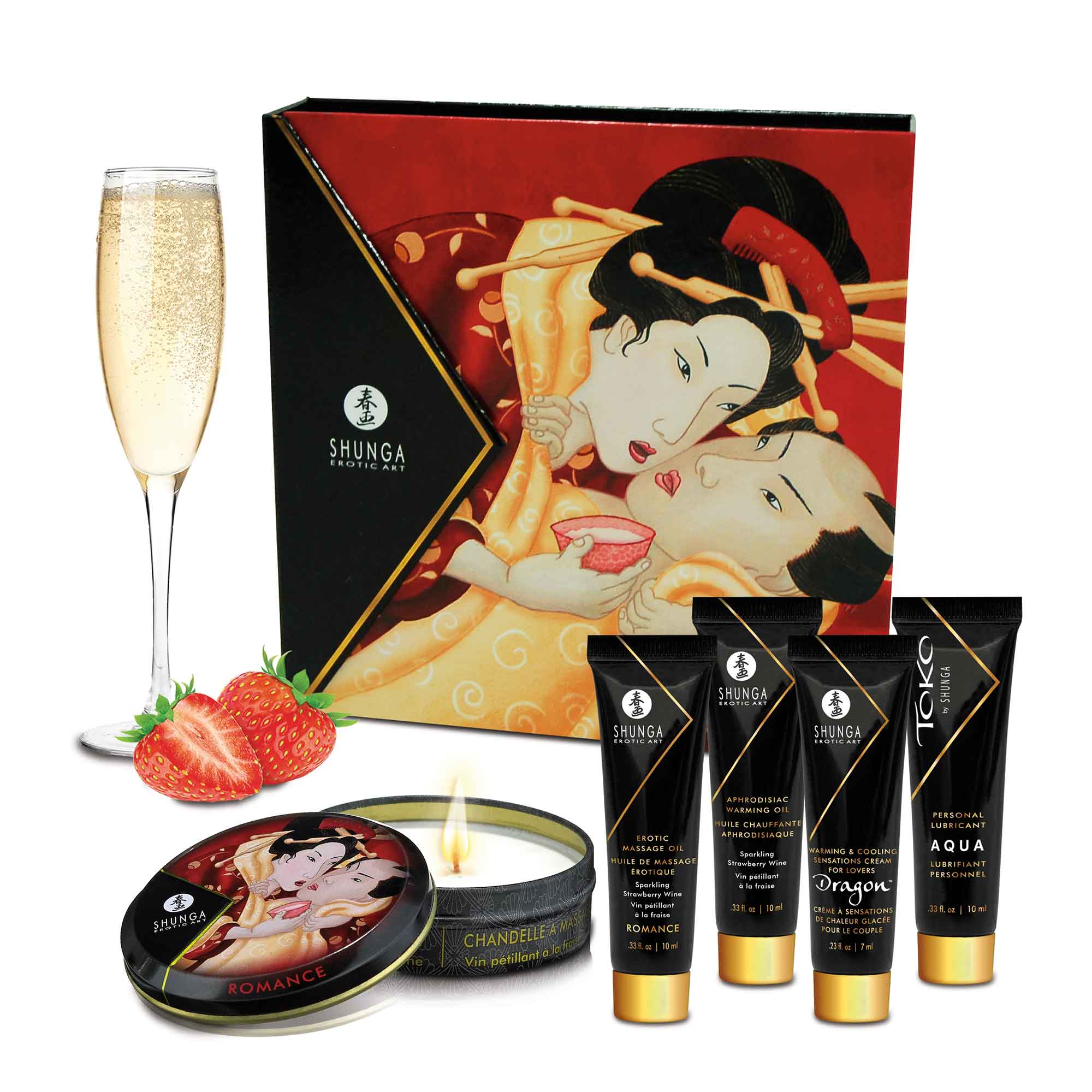 Coffret Erotique Shunga - Ensemble secret geisha vin pétillant fraise