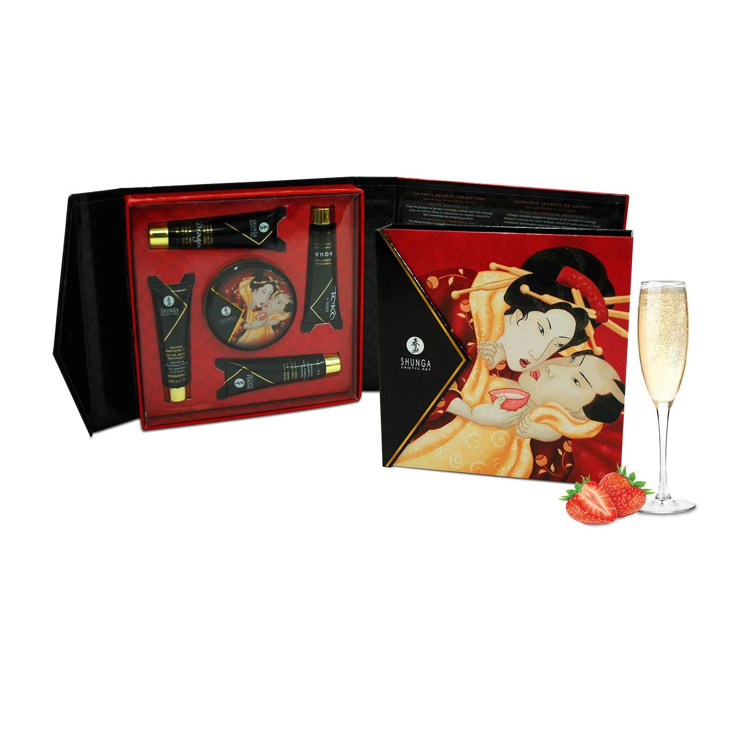 Coffret Erotique Shunga - Ensemble secret geisha vin pétillant fraise