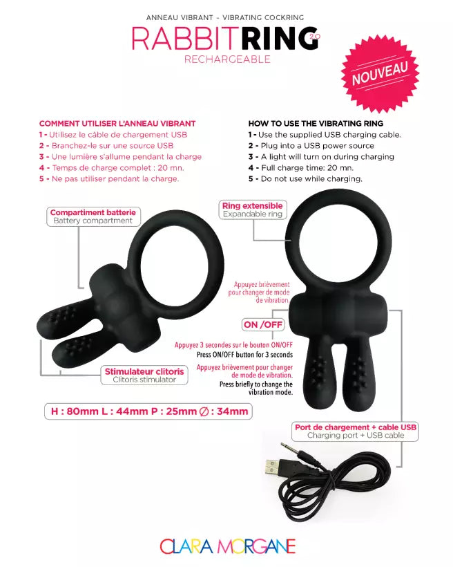 Rabbit Ring Rechargeable Noir de Clara Morgane